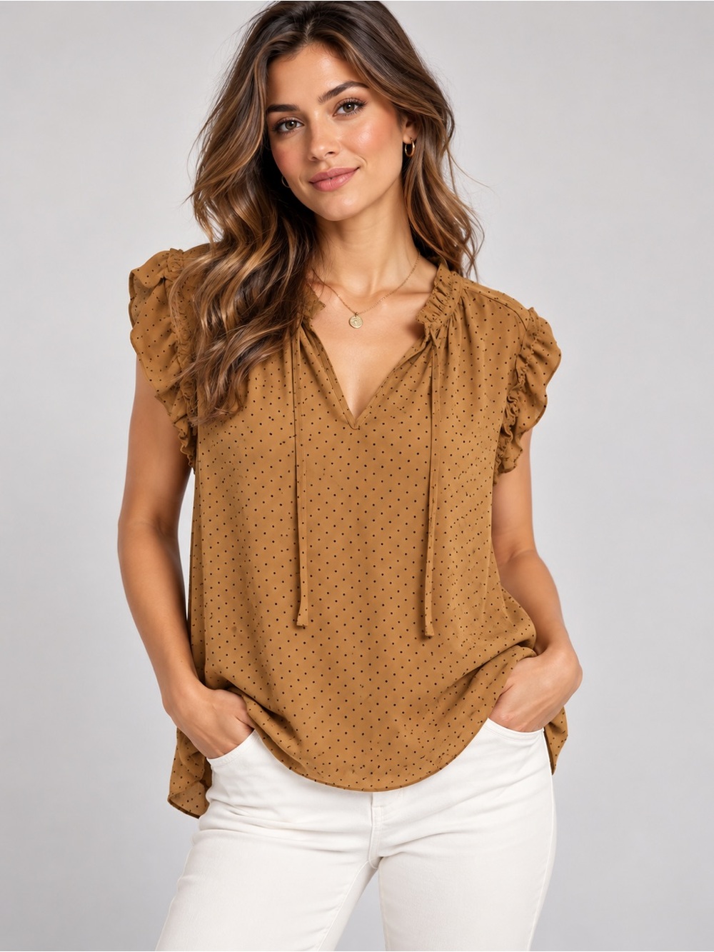 Polka Dot Ruffle Sleeve V-Neck Blouse in Camel